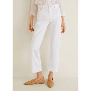 MANGO WHITE STRAIGHT LEG PANTS FRAYED FINISH